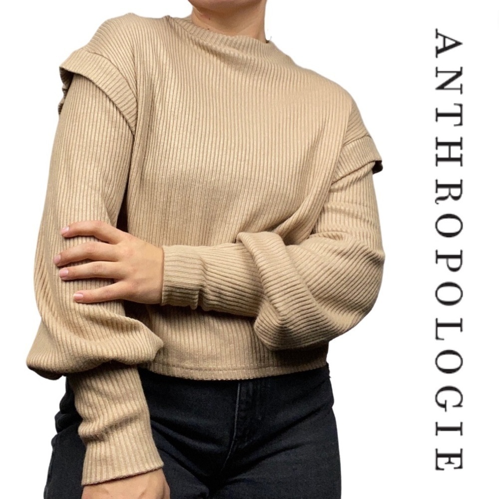 Anthropologie Sadie & Sage Almond Ribbed Ruffle Pullover Sweater - Size Small